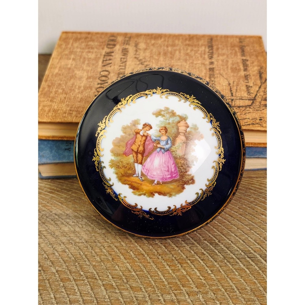 Limoges Cobalt Blue Courting Couple Trinket Box with 22K accents